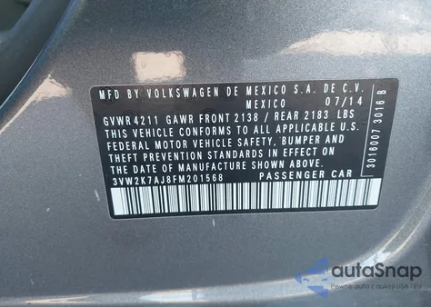 2015 Volkswagen Jetta 2.0L S из США, поврежденный, VIN 3VW2K7AJ8FM201568